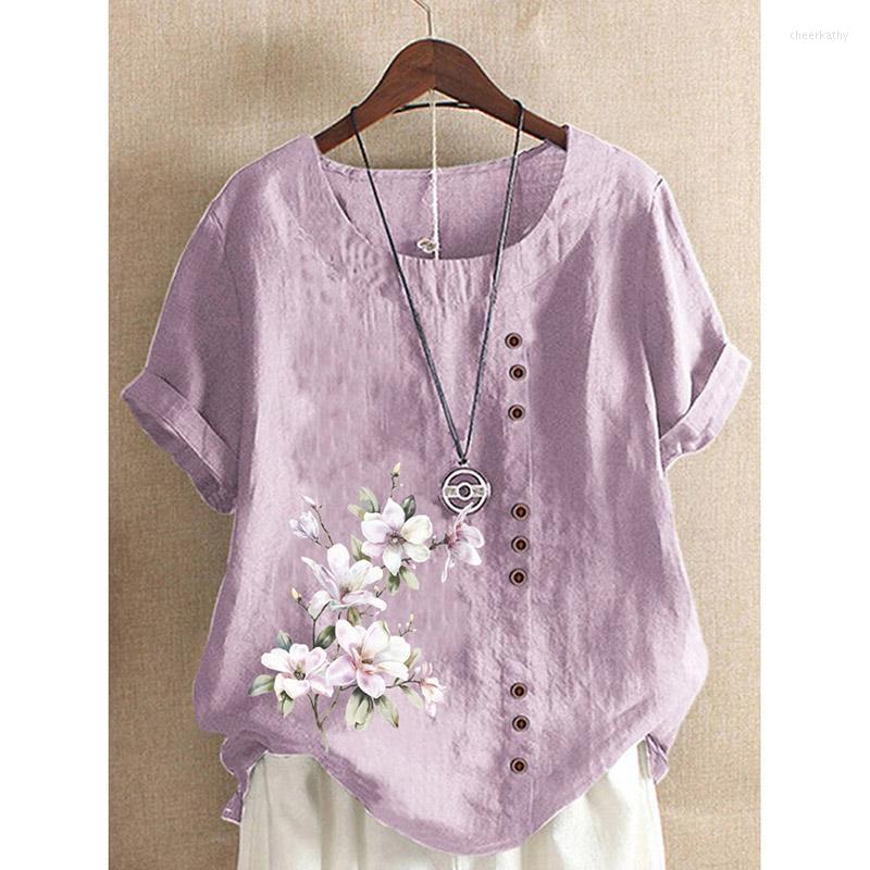 

Women's Blouses & Shirts Floral Shirt Summer Casual Short Sleeve Fashion Woman 2022 O-neck Button And For Women Top FemaleWomen's Chee22, Green