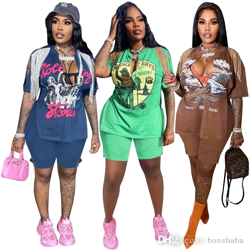 

Summer Tracksuits Women fashion Print Hip Hop Street Split Tassel Short Sleeve T-shirt Shorts Set Plus Size Women Clothing, Brown