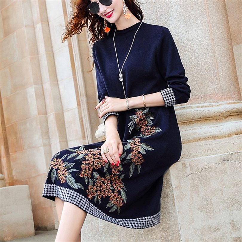 

Plus Size Print Knitted Vintage Women Dress Long Sleeve Oversized Loose Casual Sweater Vestidos Autumn Winter Sweater Dress 210203, Blue