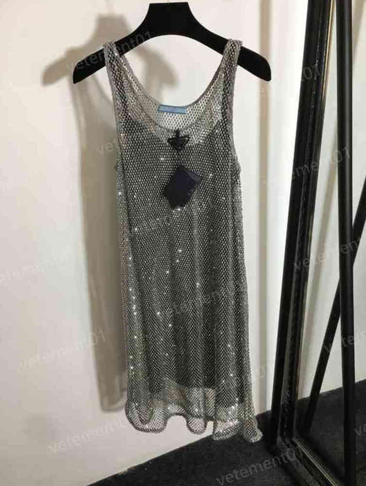 

Womens Designer Dresses Fashion Brand Sparkling Studded Cutout Tank Dress With Black Suspender Lining High Quality Luxury Women Clothing 0912