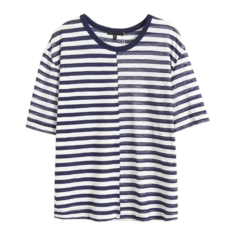 

Women' T-Shirt Jenny&Dave 2022 England Style Loose Summer Tshirts Women Fashion Navy Striped O-neck Splicing Tshirt TopsWomen, Deep blue