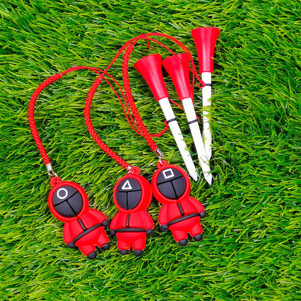 

3PCS Golf Rubber Tees With 3D Squid Game Figures Mask Cartoon Pattern Prevent Loss Handmade Rope Golf Ball Holder Golf Gifts