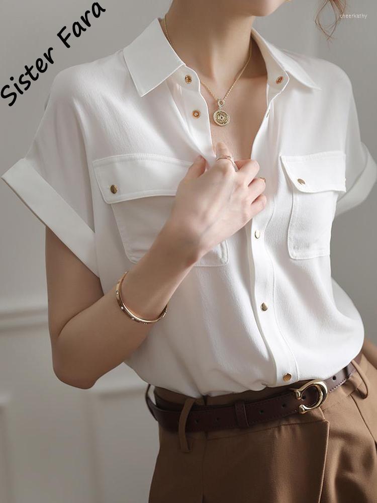 

Women' Blouses & Shirts Sister Fara Summer Short Sleeve For Women Elegant Silk Loose Casual White Shirt Office Lady Single Breasted TopsWom, Green