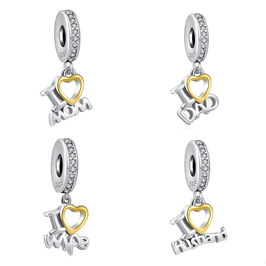 

925 Silver Fit Pandora Charm 925 Bracelet I Love Mom Dad Wife Husband Dangle Charm Bead charms set Pendant DIY Fine Beads Jewelry
