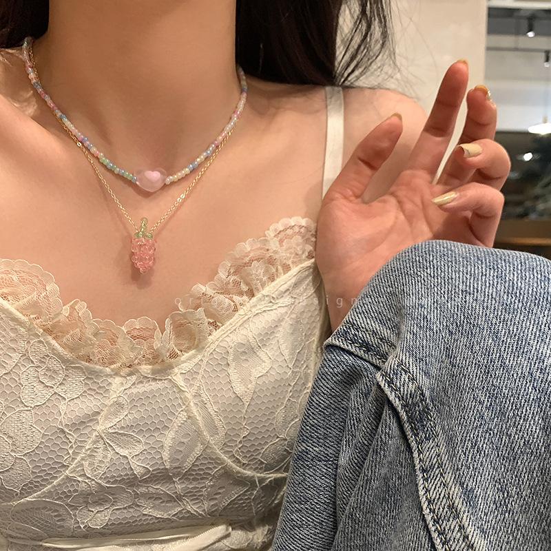 

Pendant Necklaces Fashion Double Layer Heart Grape Necklace For Women Girl Beaded Vintage Simple Cute Niche Design Party Gift JewelryPendant
