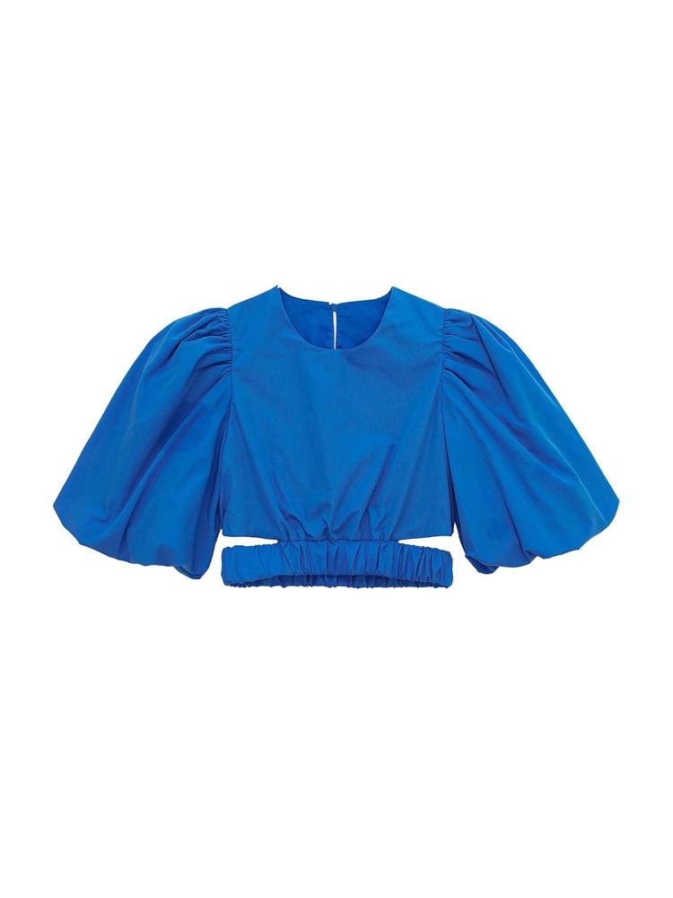 

Women's Blouses & Shirts Summer Women Sweet Tops Fashion Solid Poplin O-Neck Puff Sleeve Female Street Short Top ClothingWomen's