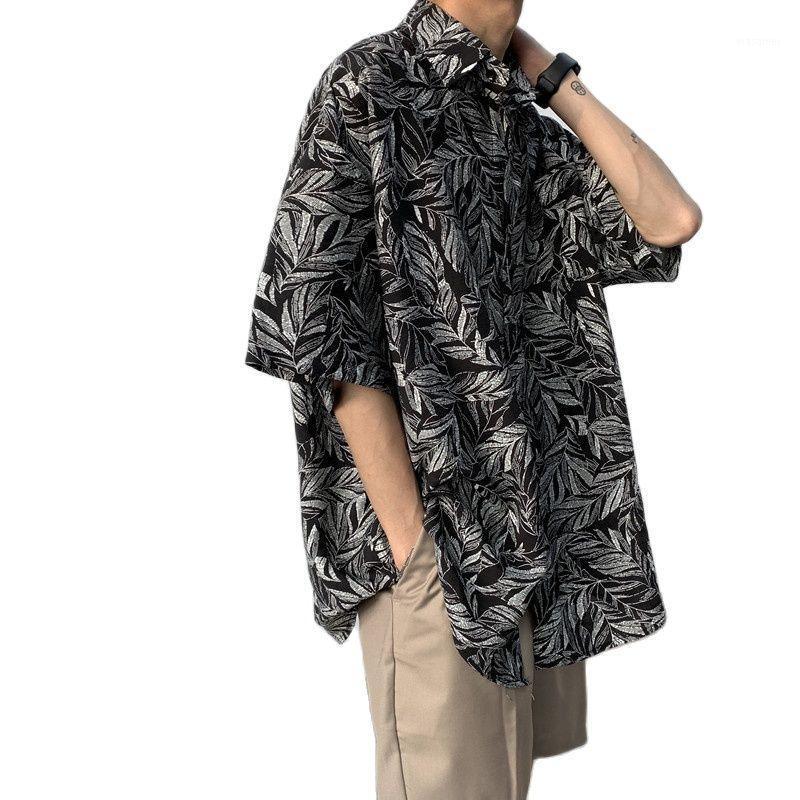 

Men's Casual Shirts 2022 Summer Dress Retro Couples Leaf-Printed Short-Sleeved Shirt, Korean Fashion Loose Shirt, Black