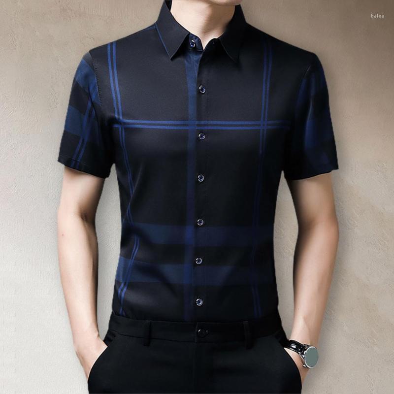 

Men's Polos Business Shirt Thin Straight Pattern Short Sleeve Stripe Print Lapel Men Commute ClothesMen's, Blue