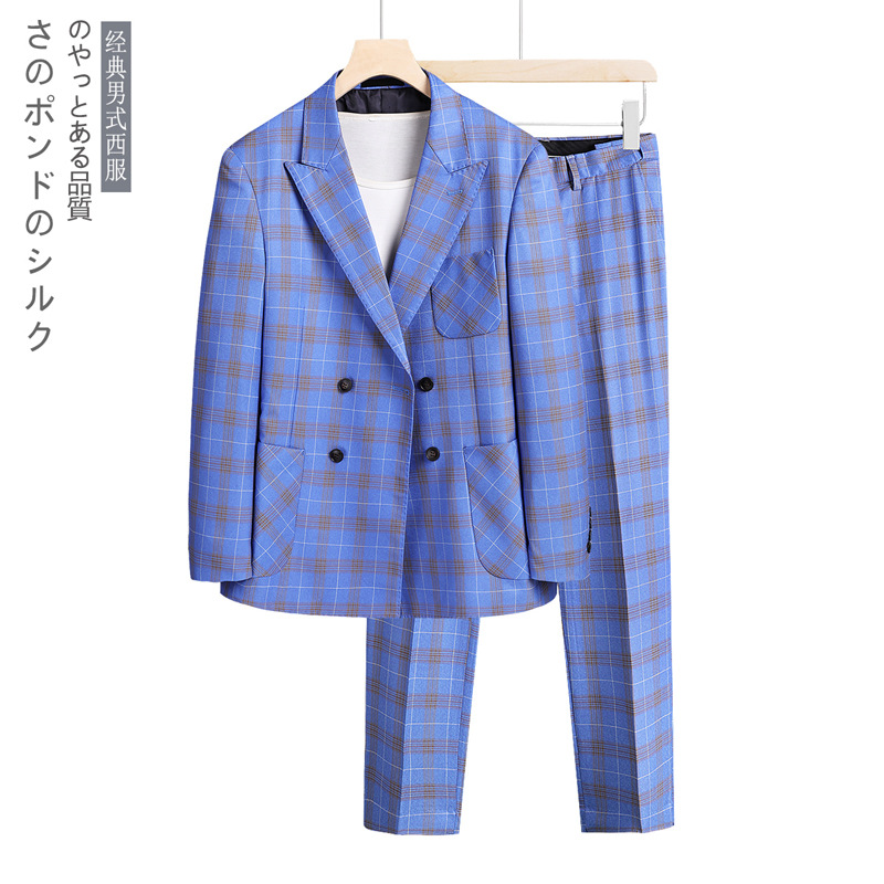

Autumn new men's suits solid color casual slim business sky blue large size double-row two-button two-piece suit