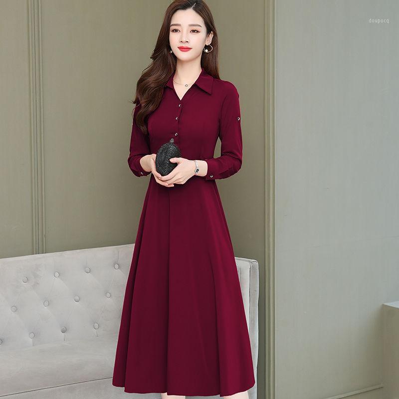Robes décontractées femmes printemps automne Style robe col rabattu couleur unie bouton fermeture éclair manches longues élégant SS3687