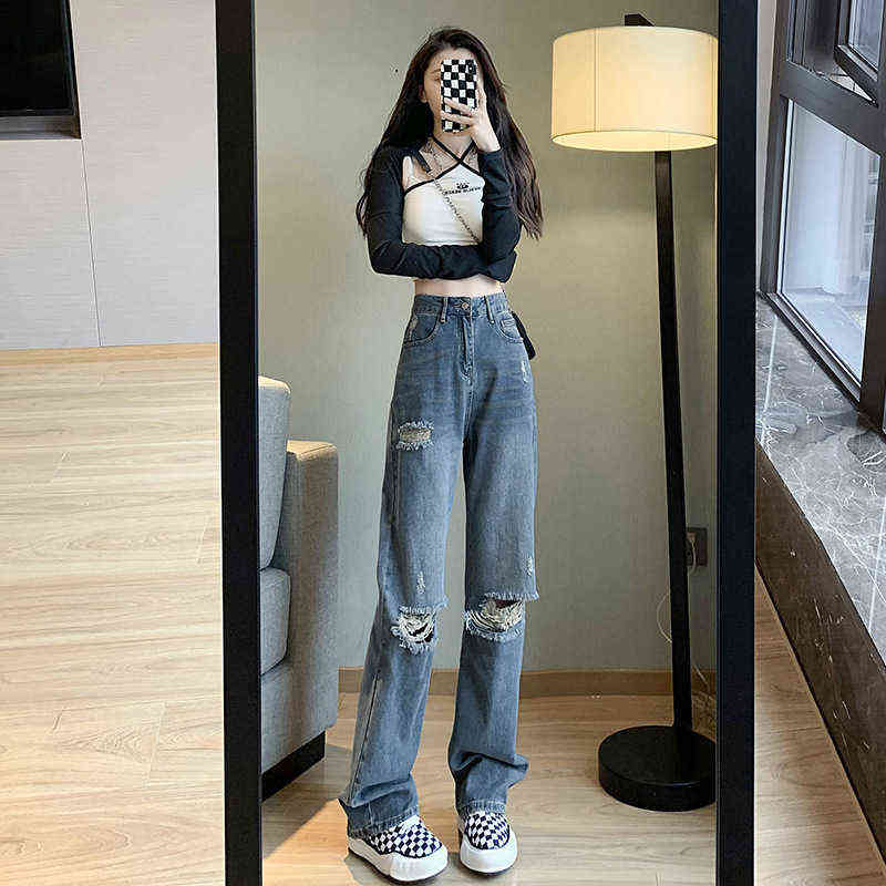 

2022 summer women's clothing retro high street thin ripped straight jeans high waist lengthened mopping Jeans pants q297 T220728, Color1