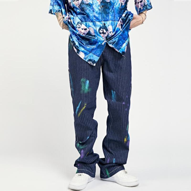 

Men' Jeans Men Splash Ink Graffiti Vertical Stripes Hip Hop Denim Pants 2022 Autumn Trousers Mid-Waist Stretch Flared W2097Men, Blue