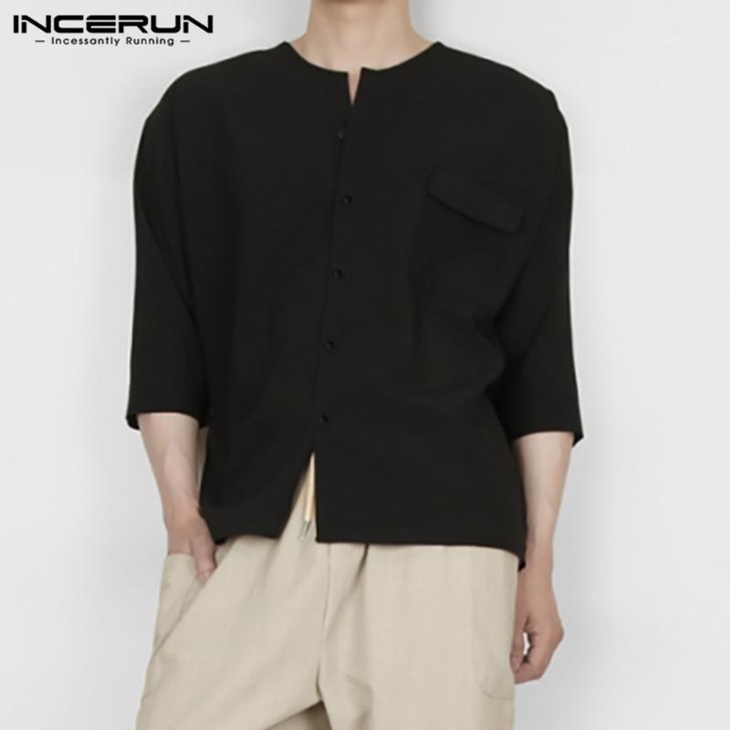 

Vintage Solid Color Men Shirts Half Sleeve Round Neck Cotton Blouse Man Buttons Loose Retro Pockets Camisa -5XL INCERUN Men' Casual, Beige