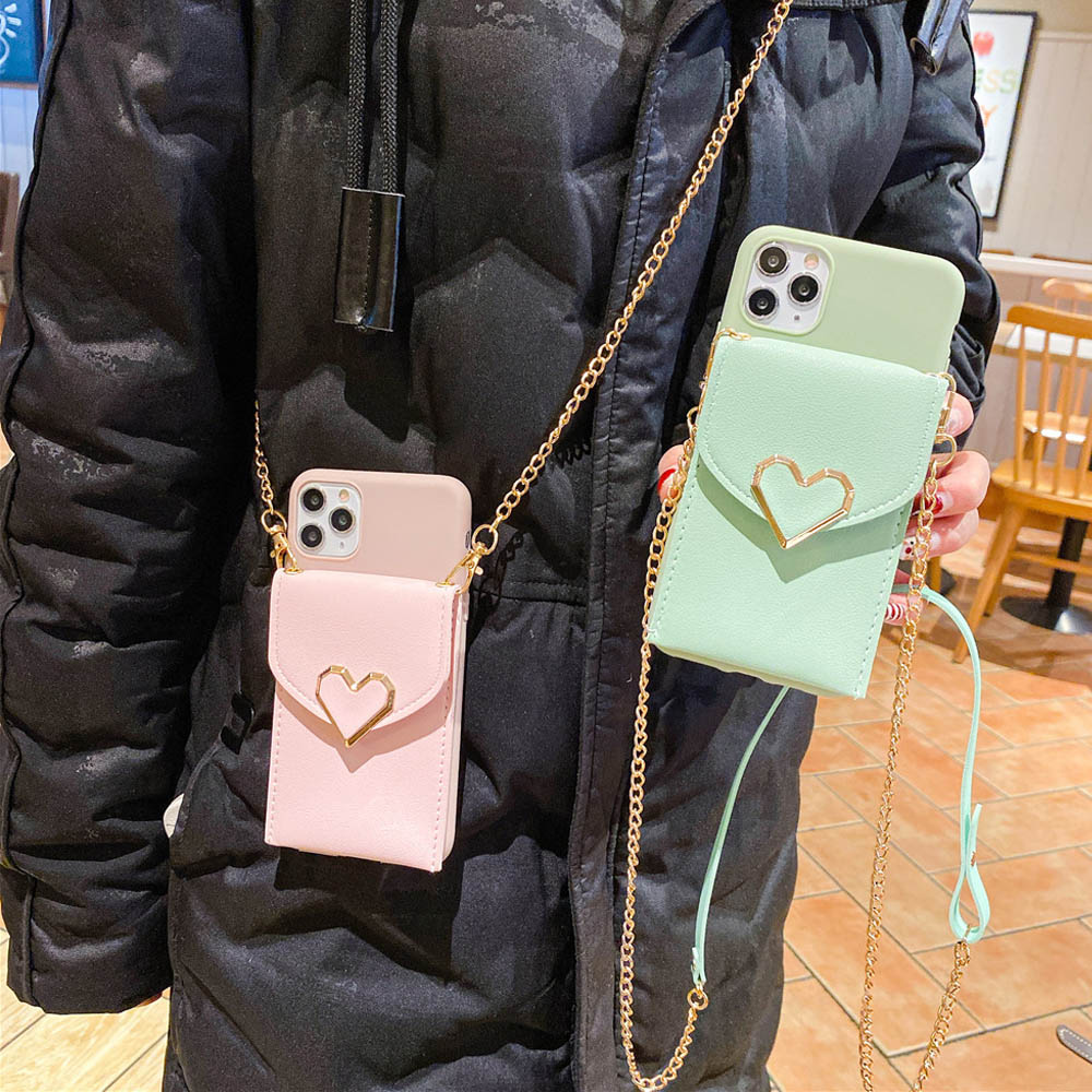 

Metal Chain Lanyard leather Phone Case For Samsung S21 ultra S20 FE Note 20 Ultra 10 Pro S10E S10 Lite Love Heart Wallet Back Cover, Style1