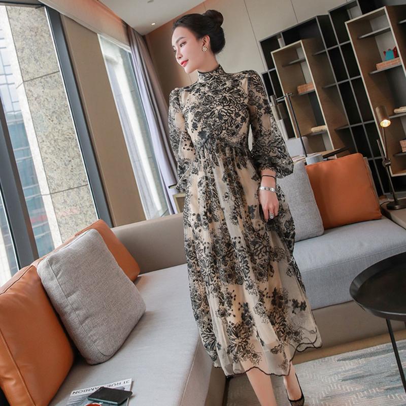 

Casual Dresses Vintage Embroidery Stand Collar Women Dress Designer Runway Summer Autumn Midi-long For Vestidos De Verano Clothes, Black;gray