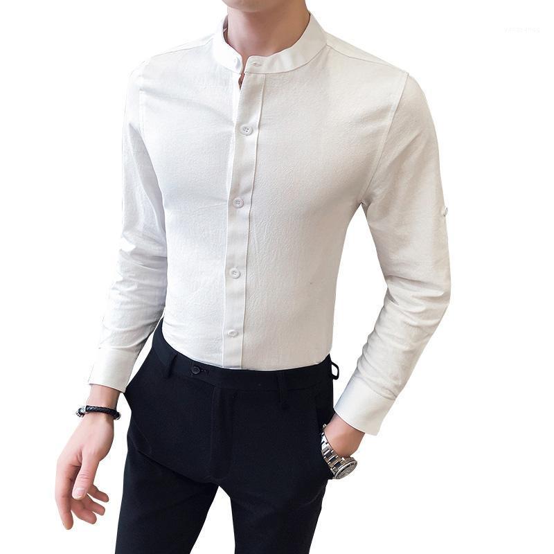 

Men's Solid Color Slim Fit Stand Collar Fashion Long Sleeve Casual Business Shirts Male Round Dress O Neck Blouses, Black