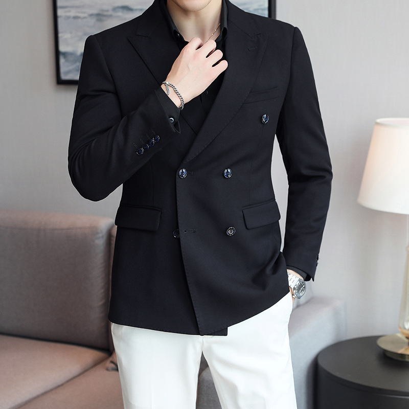 

New men's suits solid color business British casual slim suit double breasted plus size suit single western style, White