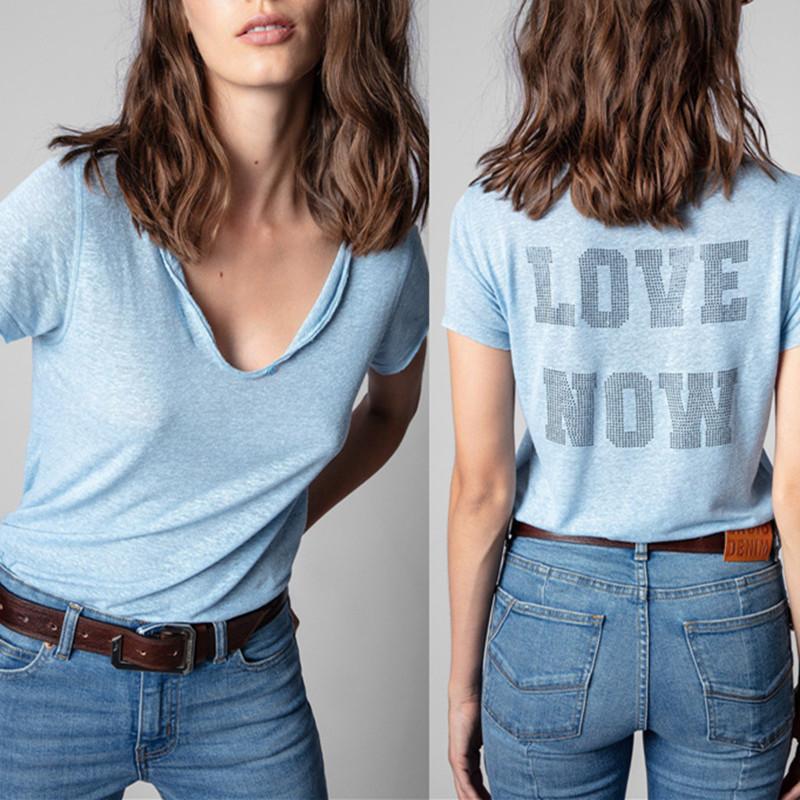 

Women's T-Shirt Women Back Letter Rhinestones 2022 Spring Summer Short Sleeve U Neck With Buttons Casual T ShirtWomen's, Blue