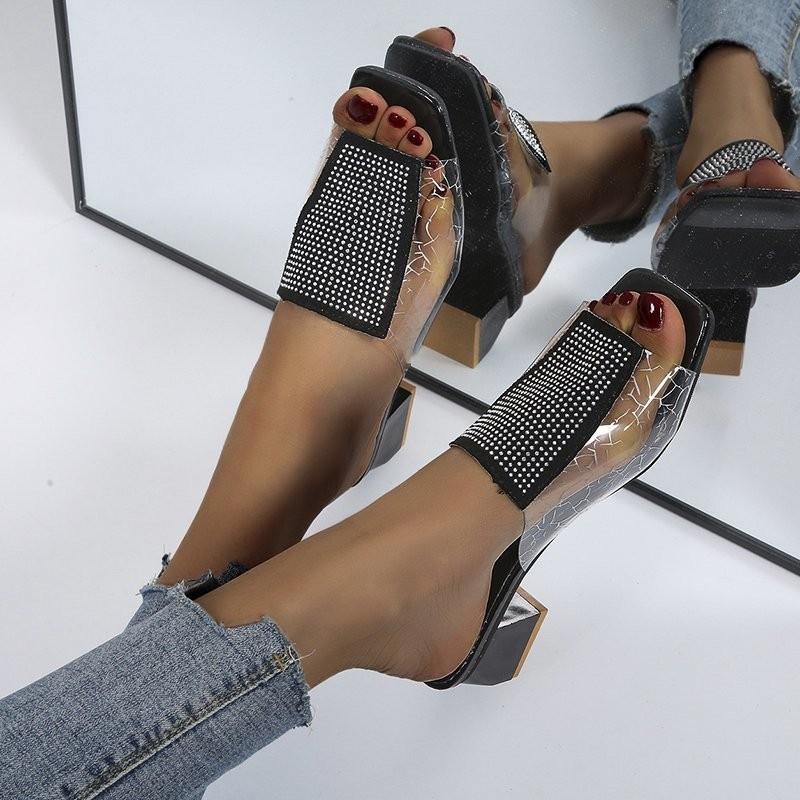 

Sandals Summer Thick Heels For Women Casual Slip On Slippers Woman Chaussure Femme Light Bling Beach Shoes Girls Outdoor, Black