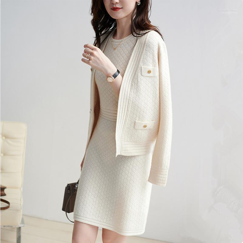

High Quality Autumn Winter Sleeveless Knitted Solid Color Dress Two Piece Set And Elegant Metal Button Sweater Cardigan Suit Women' Tracksu, Beige