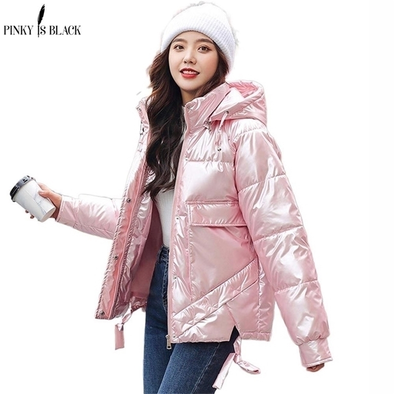 

PinkyIsBlack Arrival Women Winter Jacket Shining Fabric Cotton Padded Warm Thicken Short Coat Hooded Fashion Parka 201127, Pink