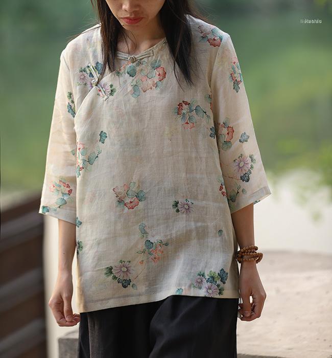 

Casual Beige White Flowers Print Frog Buttons Pure Ramie Blouse, Summer Thin Three Quarter Sleeve Front Short Back Long Shirts Women's Blous
