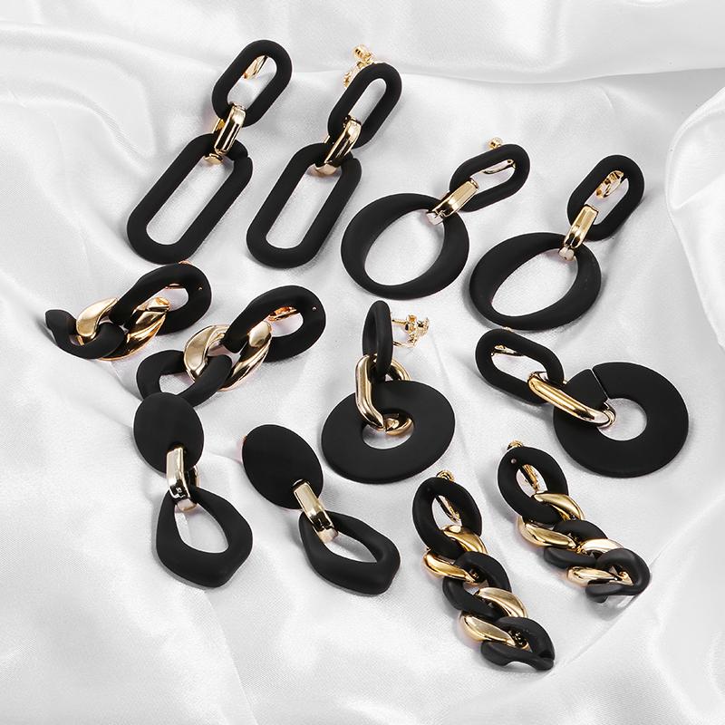 

Clip-on & Screw Back Design Vintage Gold Soft Matte Black Acrylic Chain Clip On Earrings For Women Oval Geometric Long No Hole Ear Clips Jew