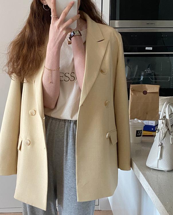 

Women' Suits & Blazers 2022 Spring Autumn Women Blazer Double Breasted Suit Jacket Loose Coat Solid Color Korean Chic Female Drop, Brown