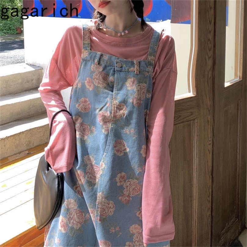 

Gagarich Women 2 Piece Dress Spring Summer Sweet Flower Strap Denim Thin Strap Skirt Midlength Dress Solid Long Sleeve Shirt 220816, Pink shirt