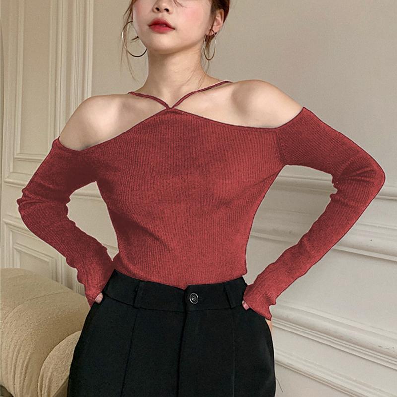 

Women's Sweaters Sweater Sexy Off Shoulder Slim Knitted Long Sleeve Pull Femme Autumn Vintage White Black Top Female Mujer 2022Women's