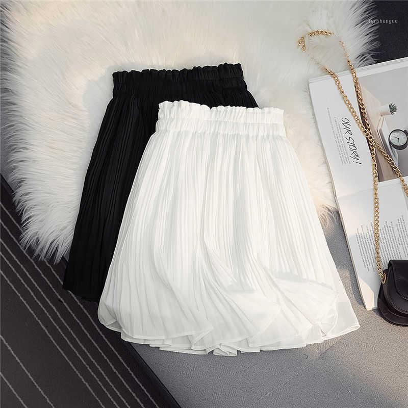 

Skirts White Chiffon Pleated Skirt 2022 Summer Elastic High Waist Slim Fairy A-line Black Short, Impervious to meat