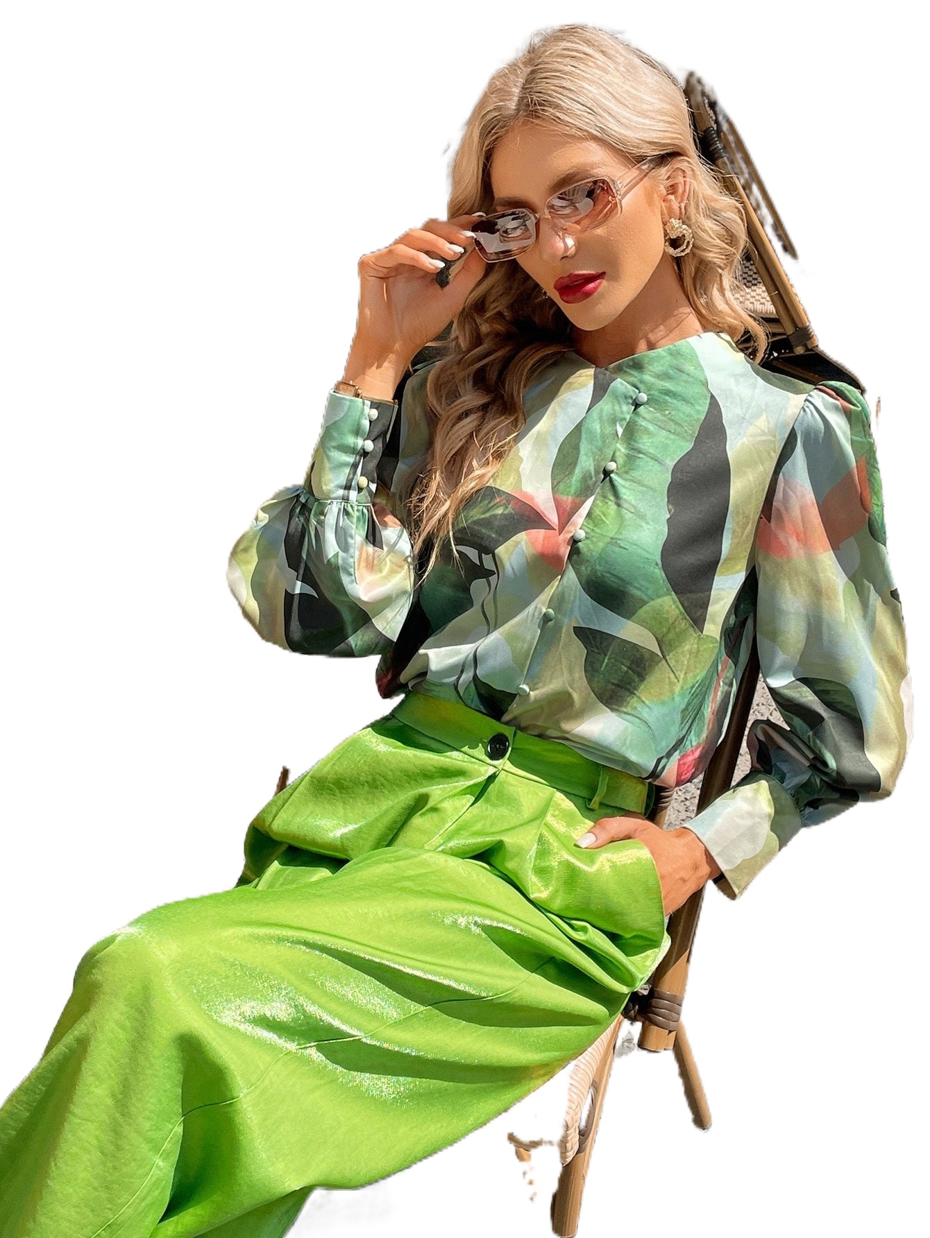 

random Plants Print Puff Sleeve Blouse d9sf#, Multicolor