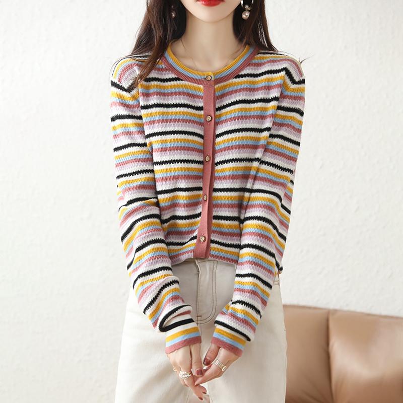 

Women' Knits & Tees Pure Cotton Knit Cardigan Ladies Spring French Women Jacket Loose Short Coat Round Neck Striped Sweater Top Bottoming, Orange