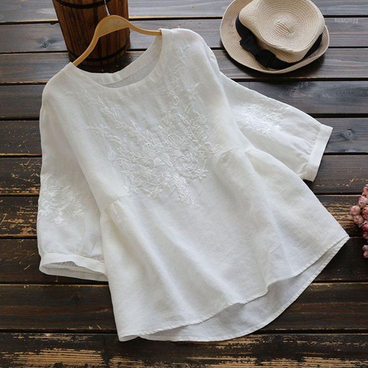 

Women's Blouses & Shirts Summer Casual Womens Loose Ruffles 3/4 Sleeve Embroidery Green White Linen Blouse Top , 4xl Tops And For Women