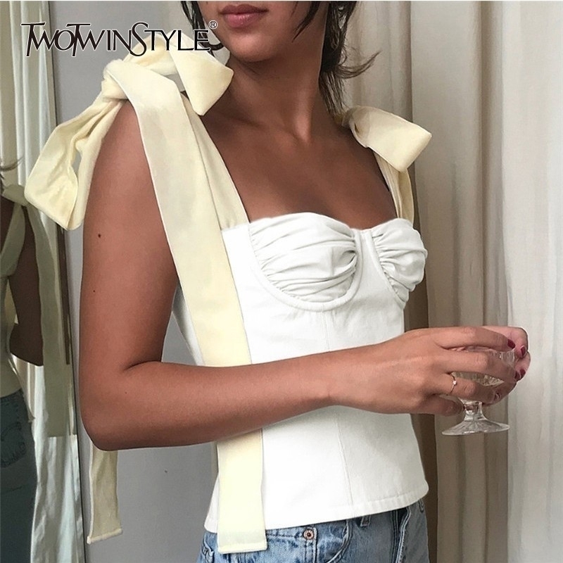 

TWOTWINSTYLE White Crop Tops Female Sleeveless Bandage Short Strap Vest For Women Vintage Fashion Korean Summer Y200512