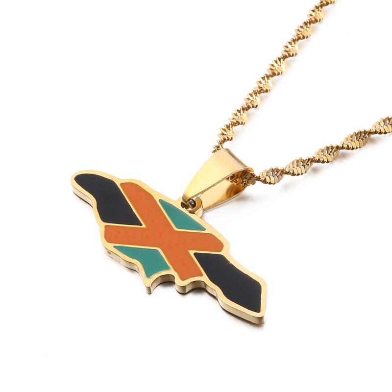 

Chains Trendy Unisex Stainless Steel Enamel Jamaica Map Pendant Necklaces Silver Color Jamaican Flag Chain Jewelry