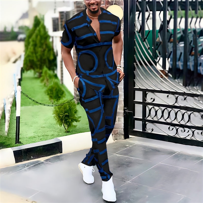 Mode printemps été hommes décontracté deux pièces ensembles hauts à manches courtes et pantalons longs costume motif imprimé tenue hommes Streetw