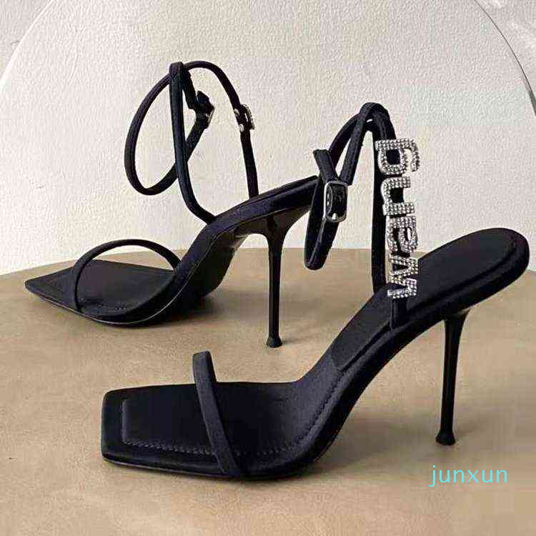 

Hot Sale-Sandals Pumps Summer Fashion Square Toe Black High Heels Luxury Rhinestones Letter Thin Heeled Sandals Women Shoes 220301