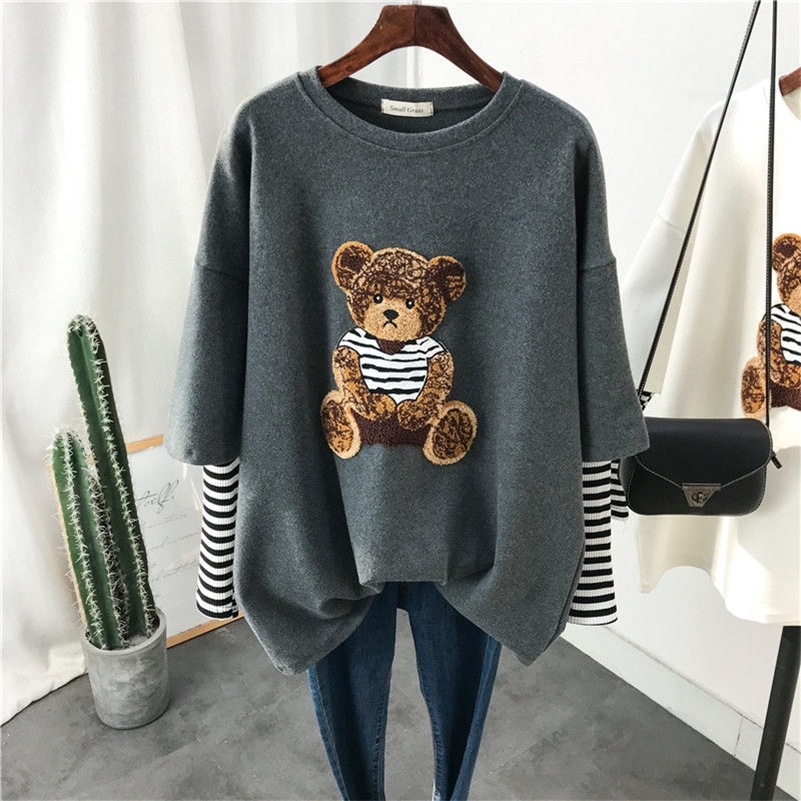 

Women Long Sleeved T-shirt Spring and Autumn Embroidered Little Bear Cartoon T Shirt Fake Two-Piece Loose Top 220321, Gray