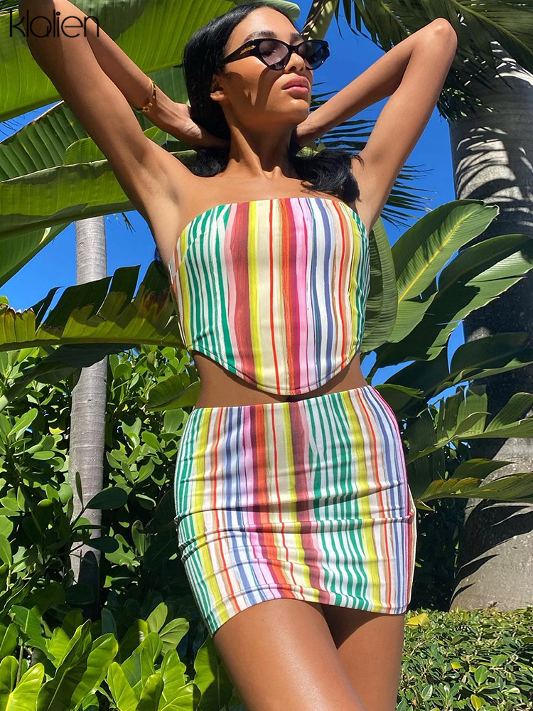 Fashion Sexy Y2K Women Two Piece Skirt Set Beach Style Vacation Street Print Stripe Two Piece Set Summer New 2022-image-757666516