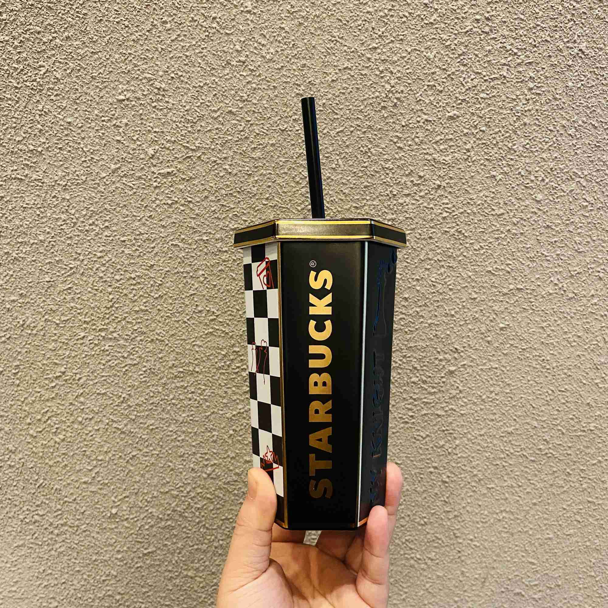 Starbucks cup 2022 Valentine's Day gift love to meet opponents chessboard checkered black and white multi cut ceramic straw cup-image-758769971