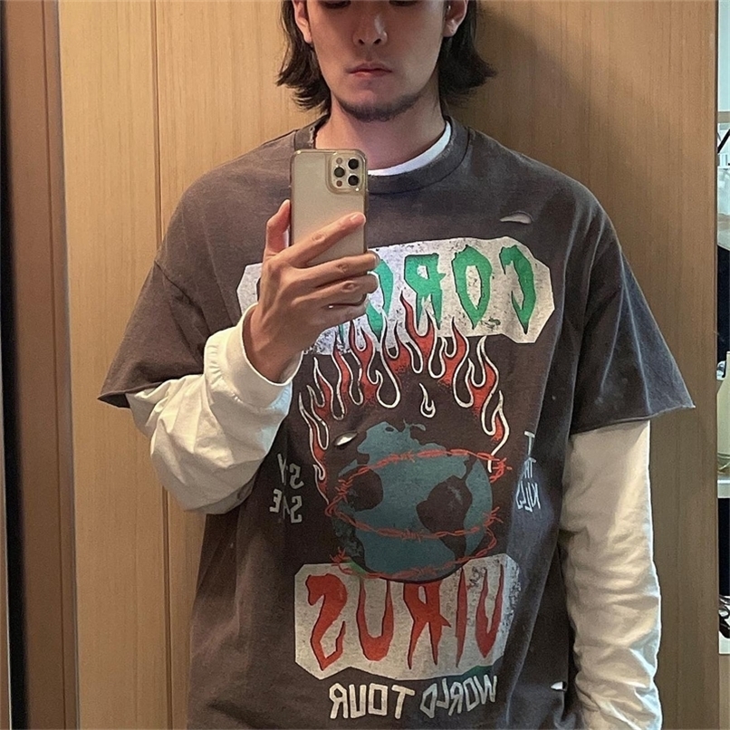 

virus Designer Mens corona T-shirt Gallerydept world tour flame virus damage hole Tshirt short sleeve X48O, Wash black