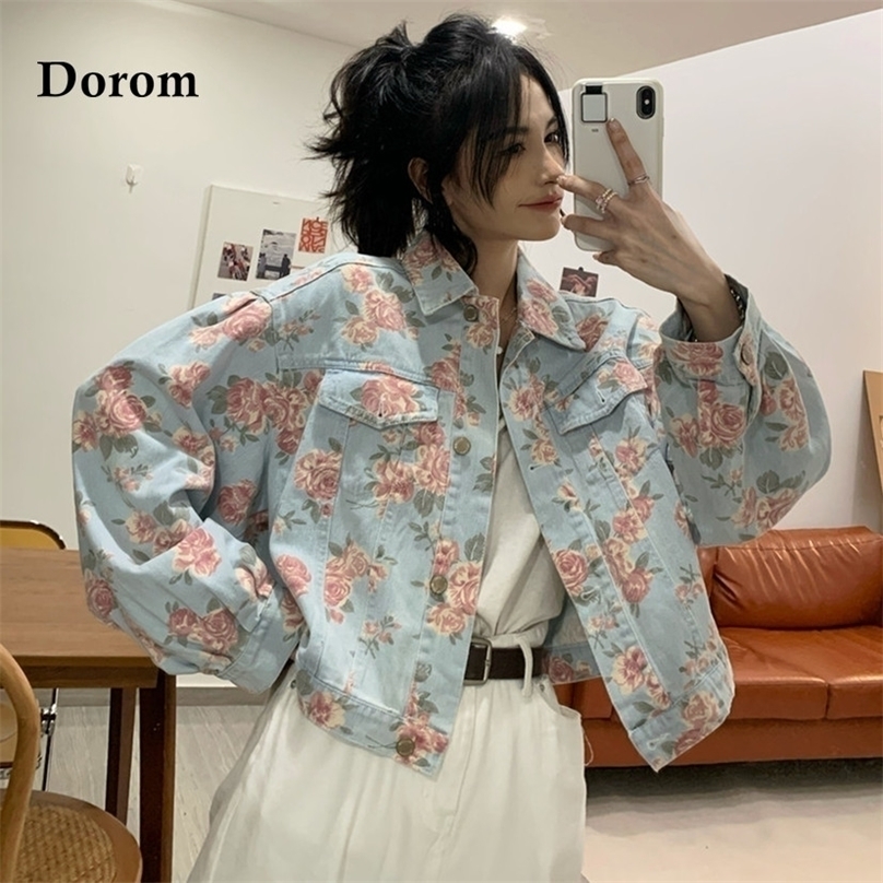 

Autumn Womens Denim Cropped Jacket Vintage Floral Print Single Breasted Short Jeans Female Casual Long Sleeve Loose Coat 220815, Blue
