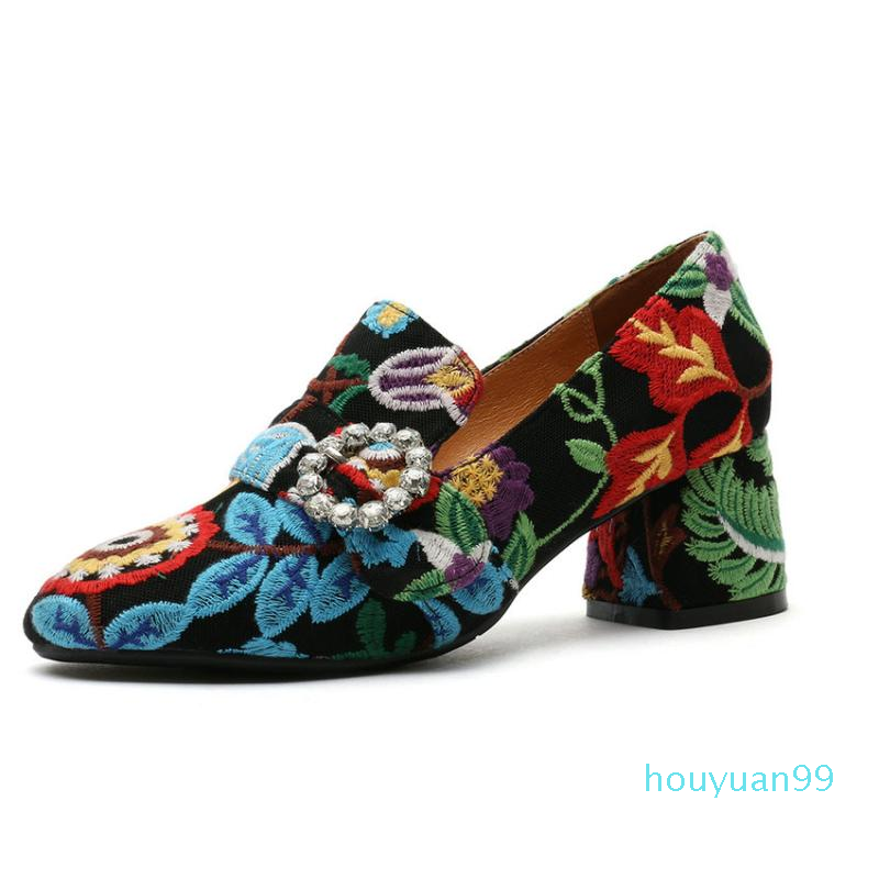 

Fashion 2022 Basic Round Toe Party Slip-On Flock Women High Heels Square Heel Ethnic Wedding Shoes Embroider Womens 34-431, Black