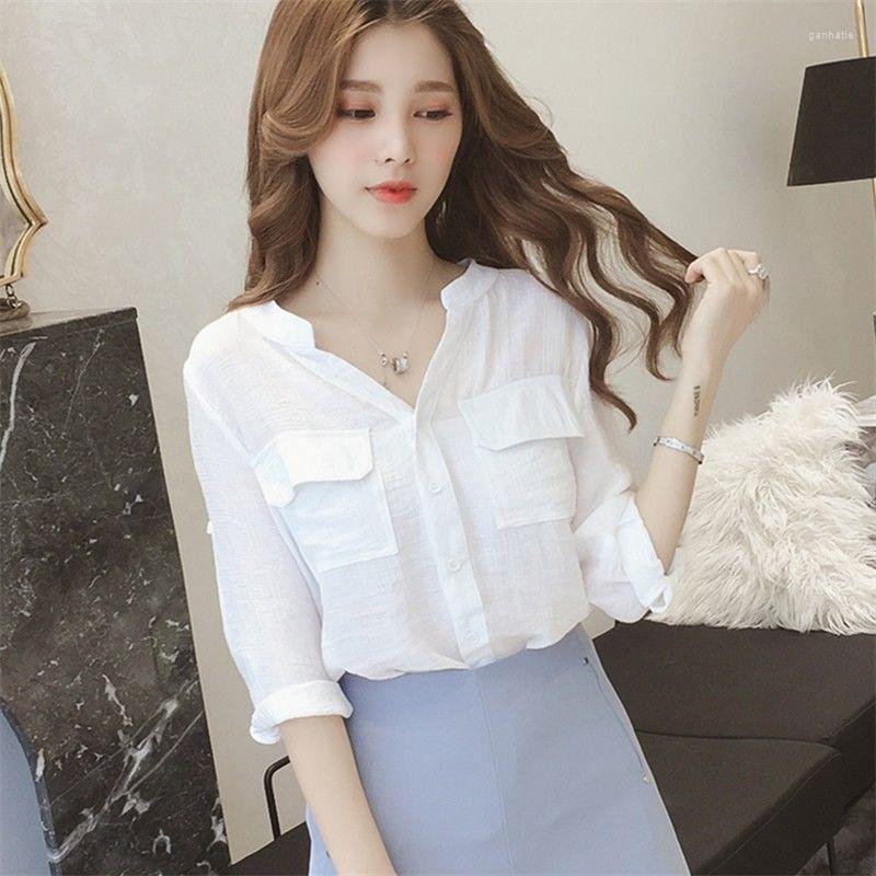 

Women' Blouses & Shirts Blouse Women Shirt Summer Clothing V-neck Three-Quarter-Length-Sleeved T-shirt White Top Blusas Mujer De ModaWomen