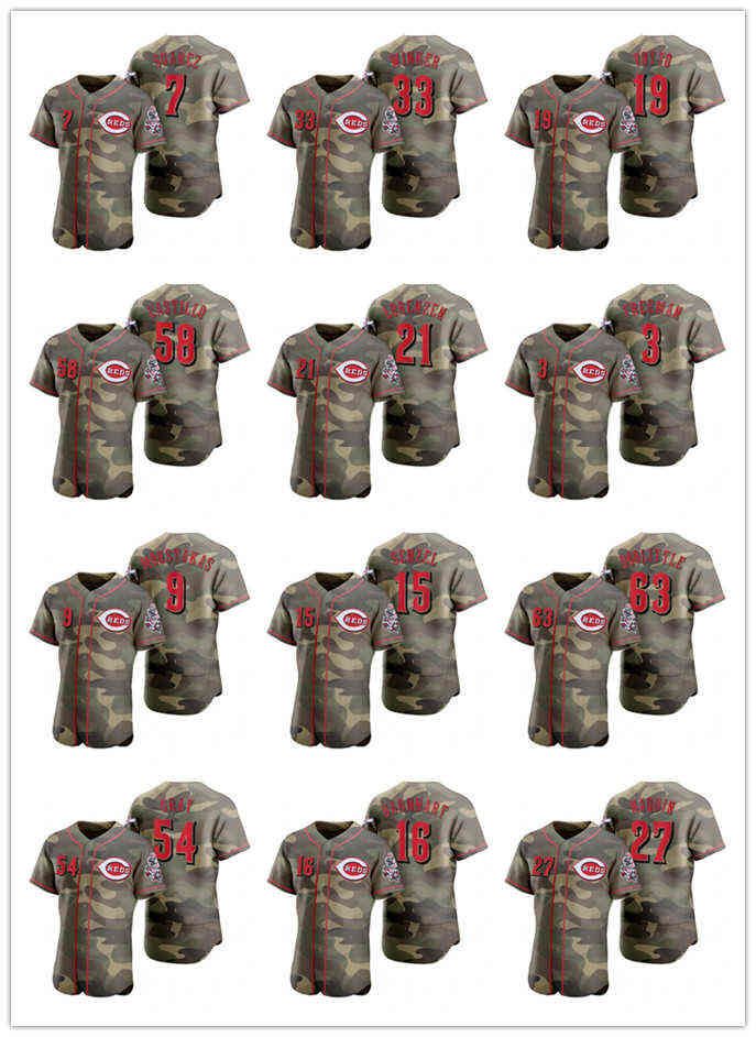

Reds 11 Barry Larkin 5 Johnny Bench Camo Authentic 2021 Armed Forces Day baseball Jersey, 12