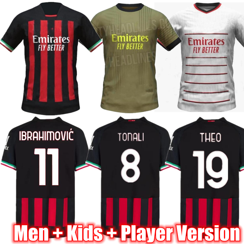 

TONALI THEO IBRAHIMOVIC Soccer Jerseys 22 23 GIROUD Fan Player version TOMORI R.LEAO MALDINI Fourth kit 2022 2023 A.REBIC theo Men kids sets Ac Milans Top football shirt, 22-23 home