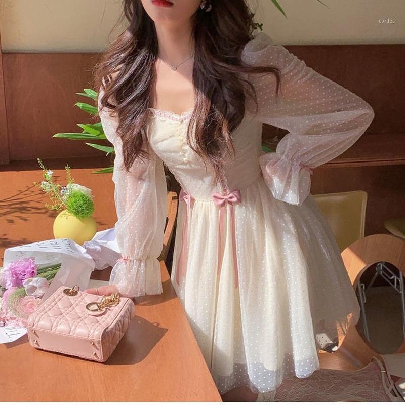 Casual Dresses Autumn Princess Elegant Dress Women Korean High Waist Kawaii Fairy Japanese Puff Sleeve Party Outing Sweet