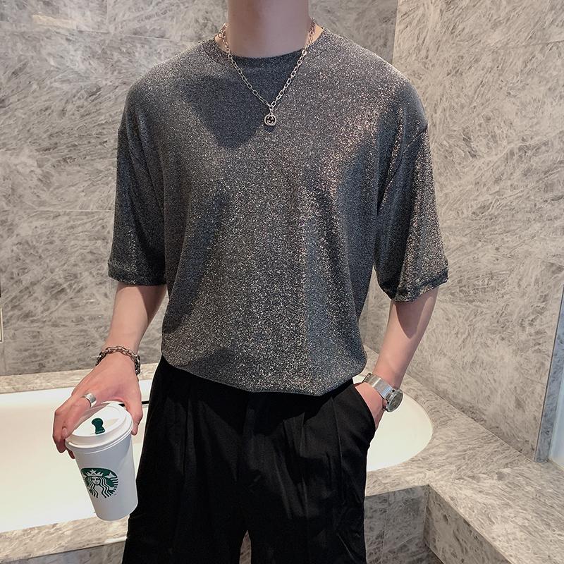 

Men's T-Shirts 2022 Summer Fashion Shiny T-shirt Short Sleeve Draping Reflective Silk Korean Hip Hop Male GrayTop Clubwear, Gray