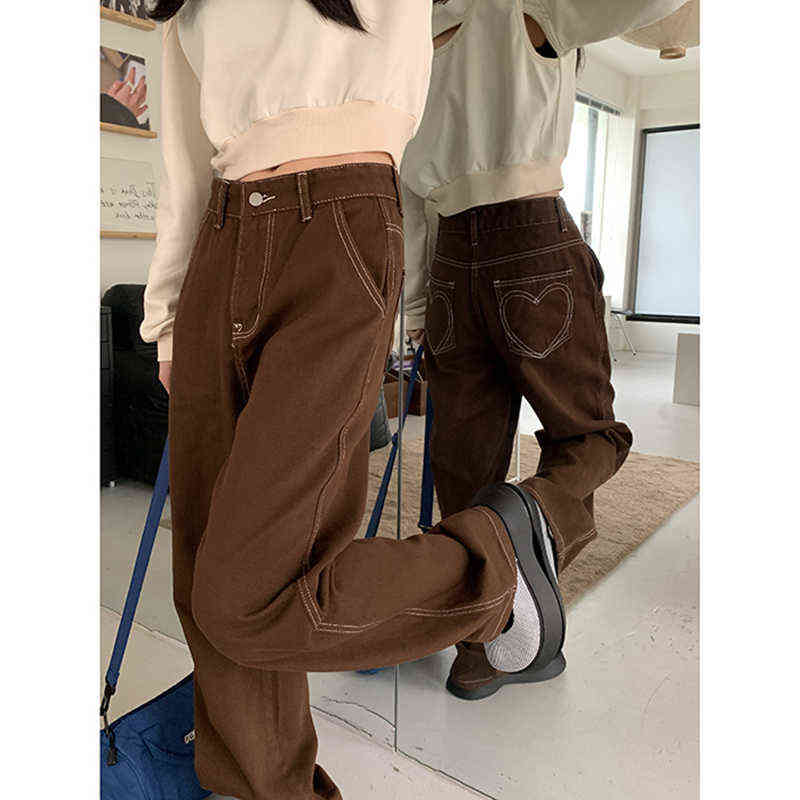 

Brown Women' Jeans High Waist Vintage Straight Baggy Denim Pants Streetwear Heart Pattern Design Fashion Wide Leg Denim Trouser T220728, Auburn